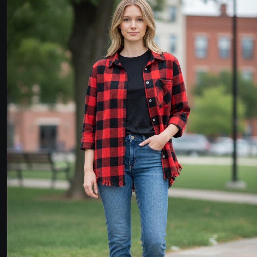 Kyla Seo Hand Made Buffalo Plaid Raw Hem Button Down Shirt XS